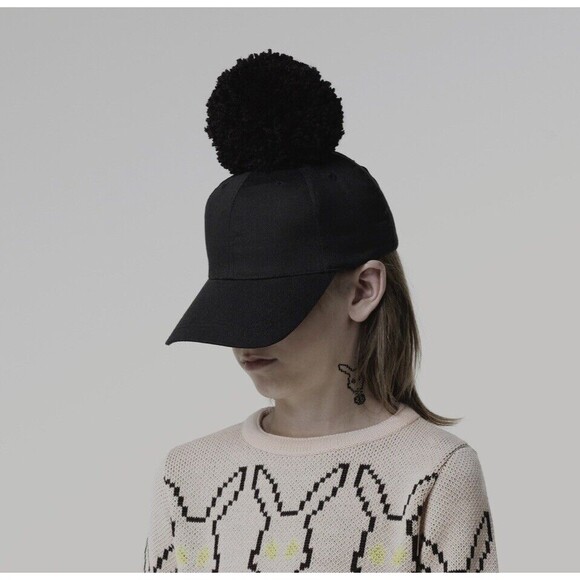Caroline Bosmans Kids Pom Pom Black Baseball Cap One Size New W/O Tags